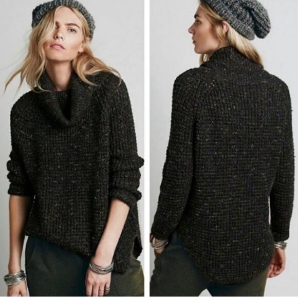 Free People Dylan Tweed Pullover in Charcoal Combo Turtleneck Sweater size XS - Picture 7 of 12
